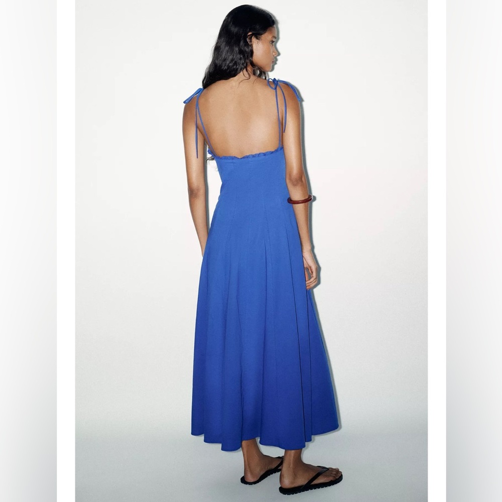 ZARA COTTON POPLIN TIE MIDI DRESS | CORNFLOWER BLUE | L NWT - Picture 7 of 16
